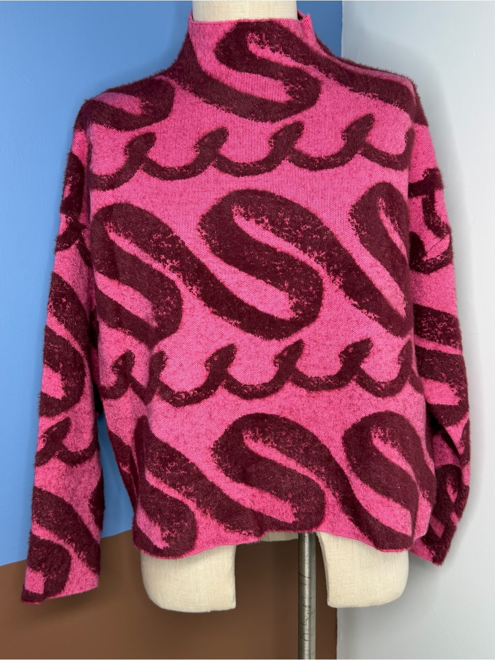 By Anthropologie Pink Burgundy Abstract Print Soft Fuzzy Mock neck Sweater Small